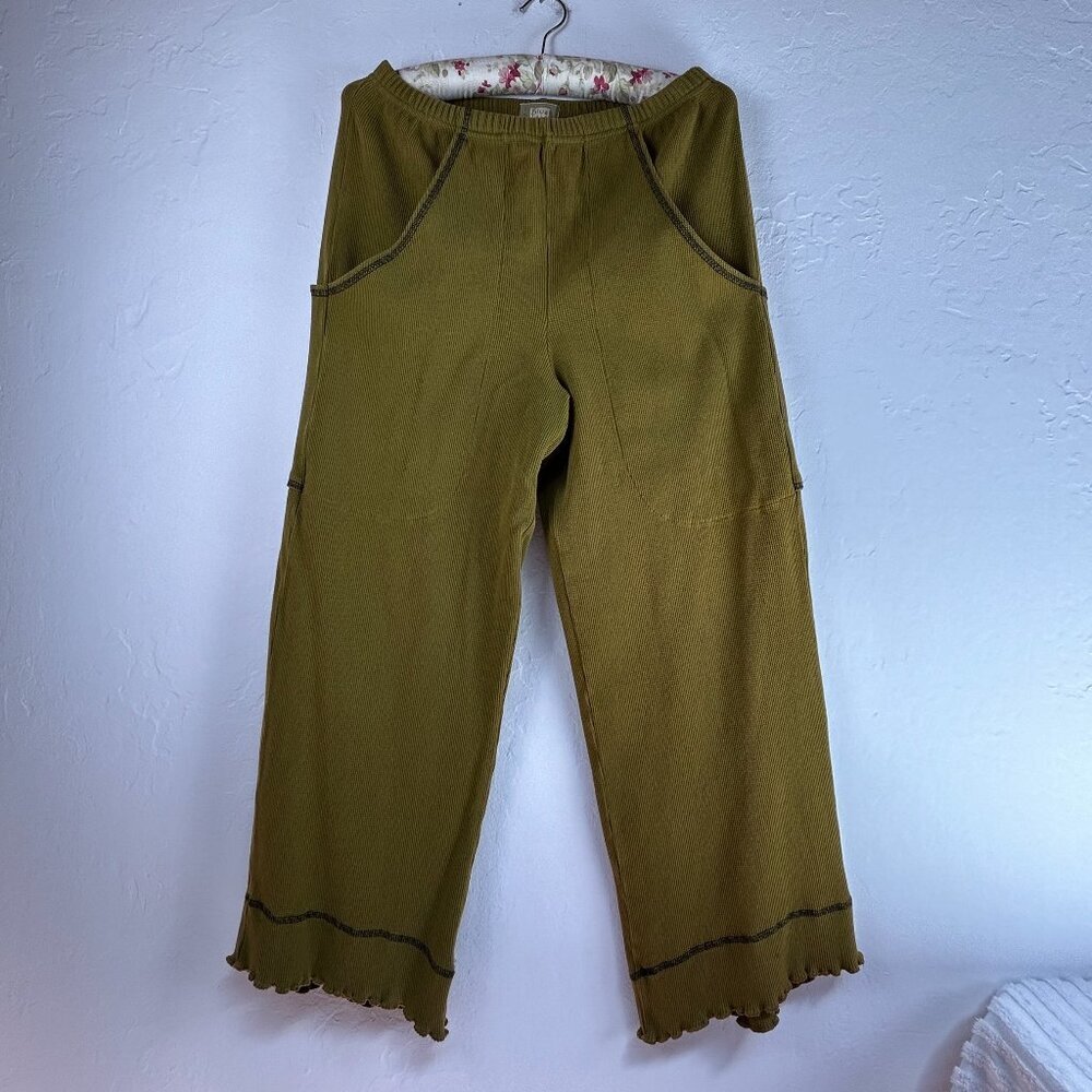 VTG Blue Fish Clothing Stretch Textured Lettuce Edge Wide-Leg Pants Size 1 Green
